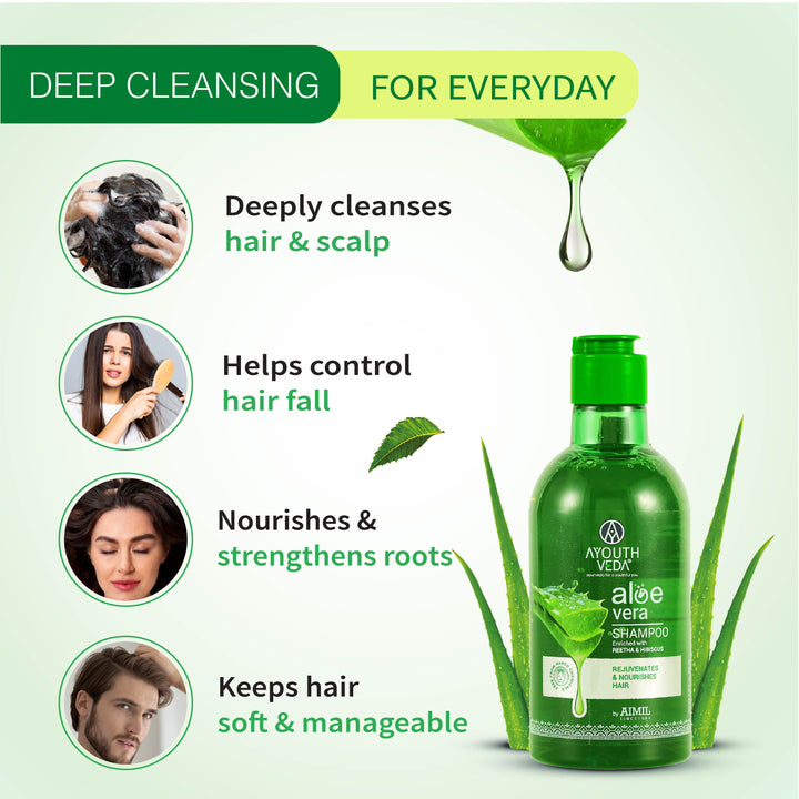 Ayouthveda Aloe Vera Shampoo for Hair Fall Control, Dandruff & Itchy Scalp | Sulphate & Paraben Free | Enriched with Aloe Vera, Reetha & Hibiscus  – 250ml