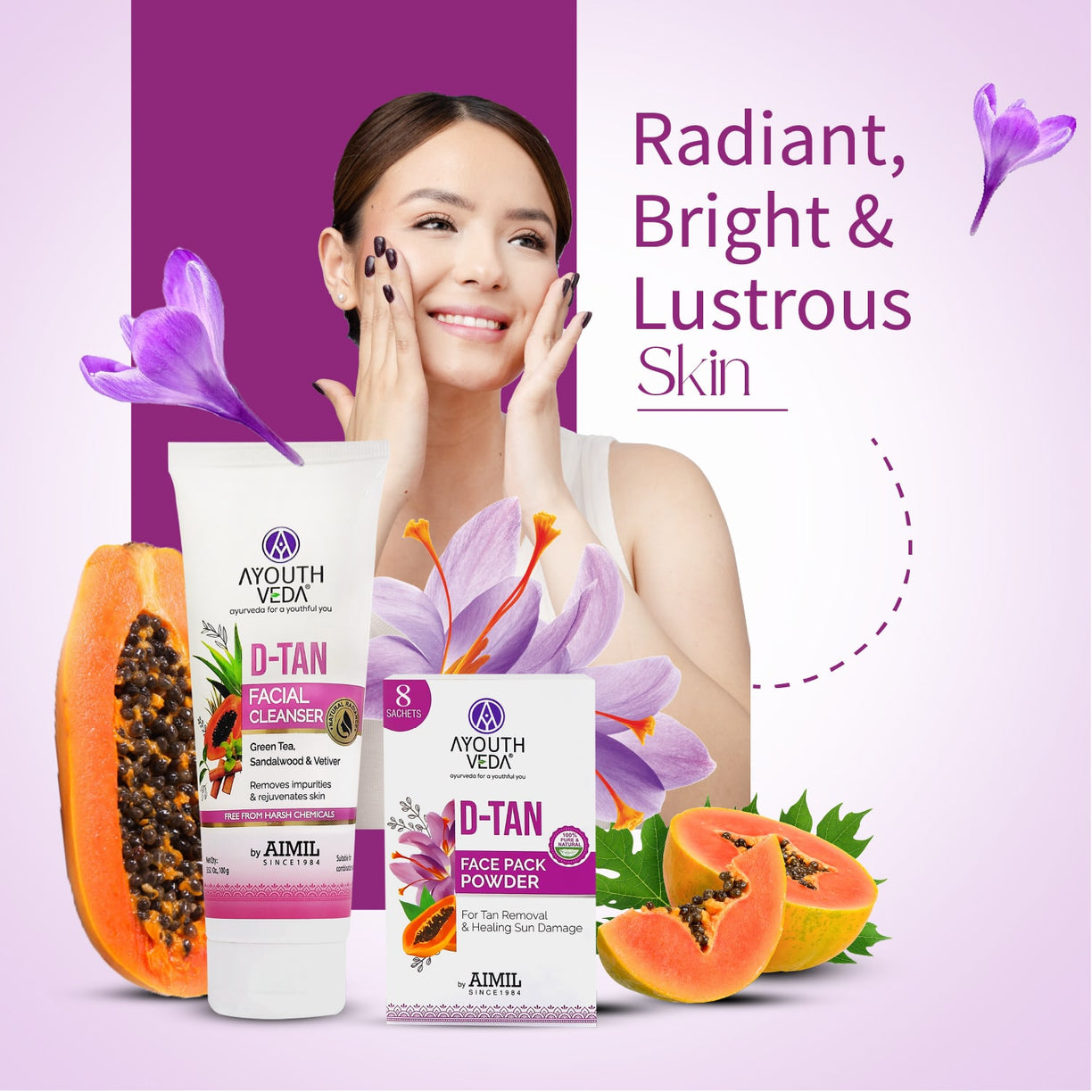 Radiant Skin Combo: D-Tan Facial Cleanser (100 g) D-Tan Face Pack Powder (10g×8) - Ayouthveda