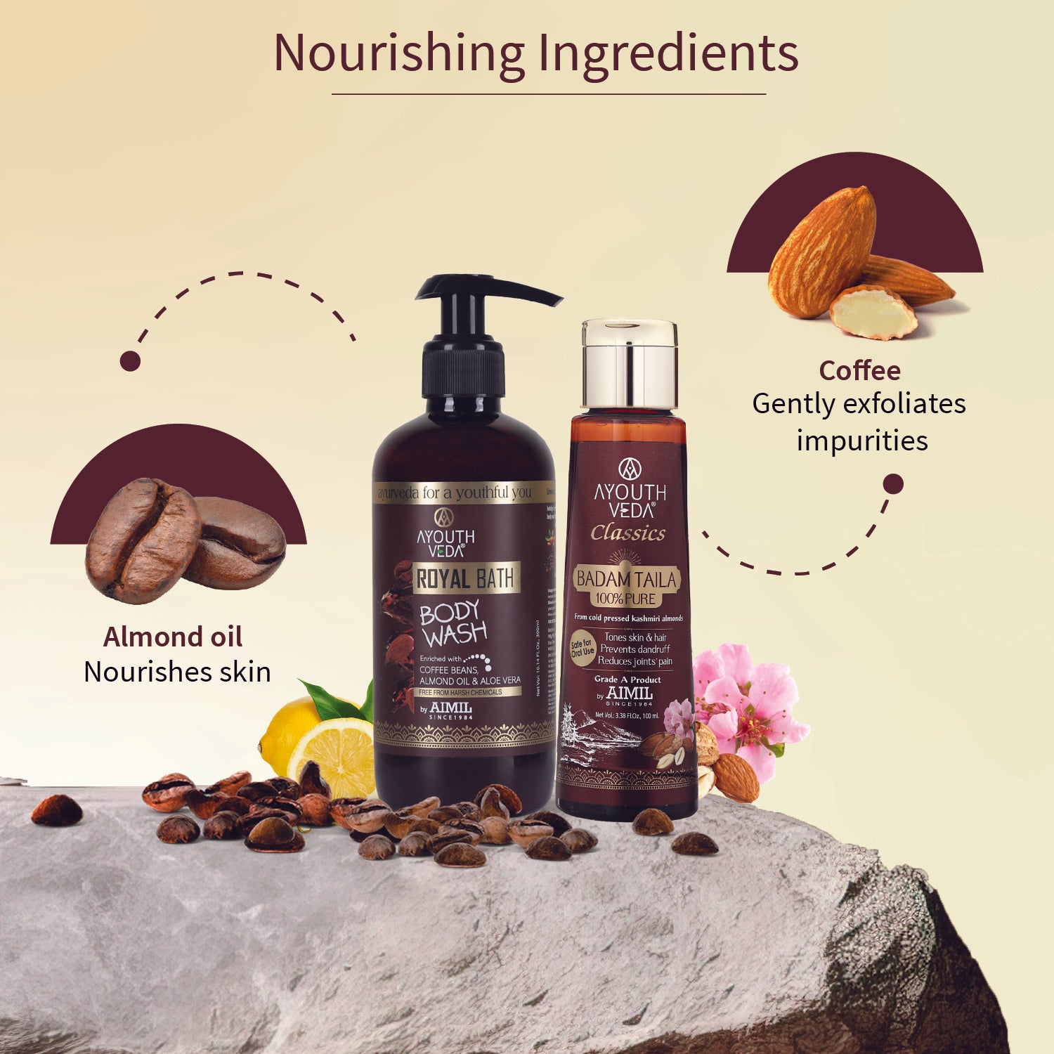 Vitamin-E Nourishing Combo: Badam Taila (100 ml), Royal Bath Body Wash (300 ml) - Ayouthveda