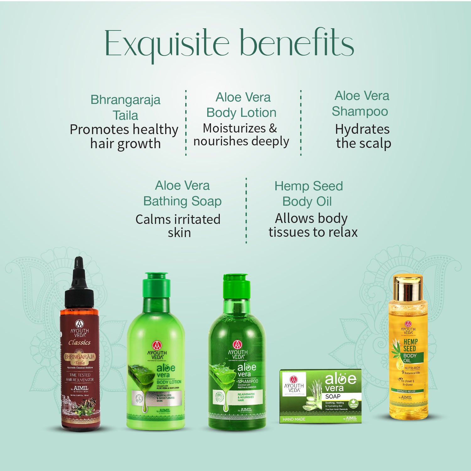 Skin Love Gift Set: Aloe Vera Body Lotion (250 ml), Aloe Vera Shampoo (250 ml), Aloe Vera Bathing Soap (100 g), Hemp Seed Body Oil (100 ml), Bhrangaraja Taila (100 ml)