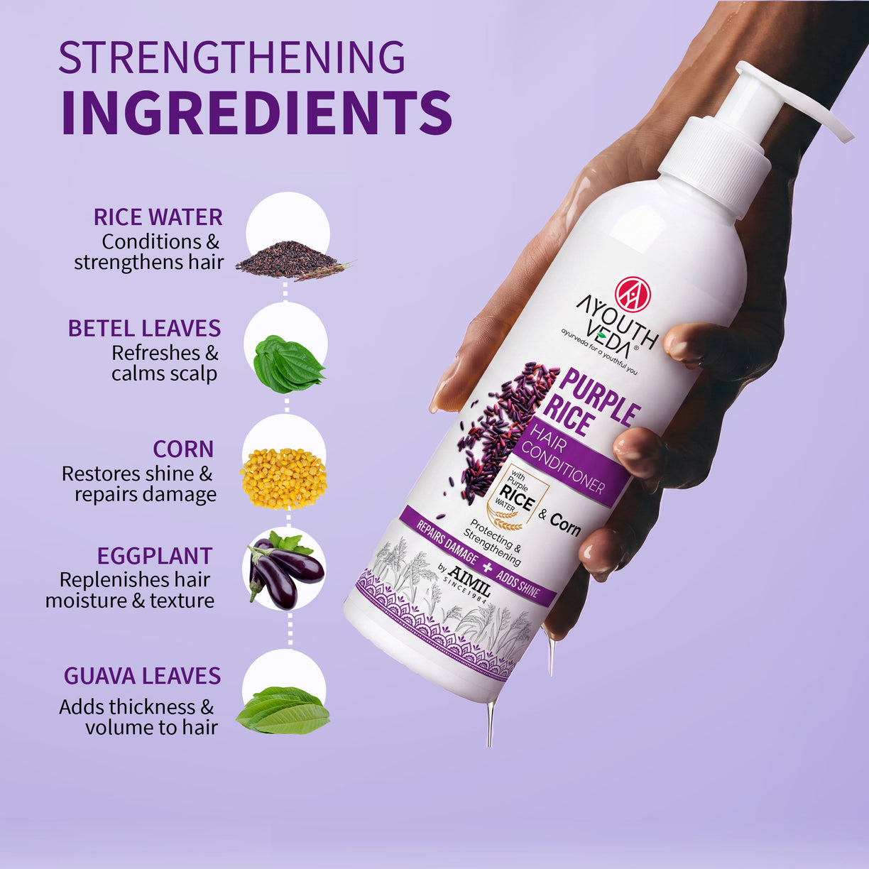 Ayouthveda Purple Rice Hair Conditioner with Rice Water & Kernel Protein | Repairs Damage, Controls Frizz & Enhances Volume | Enriched with Eggplant, Betel & Guava Leaves | For All Hair Types | 200ml