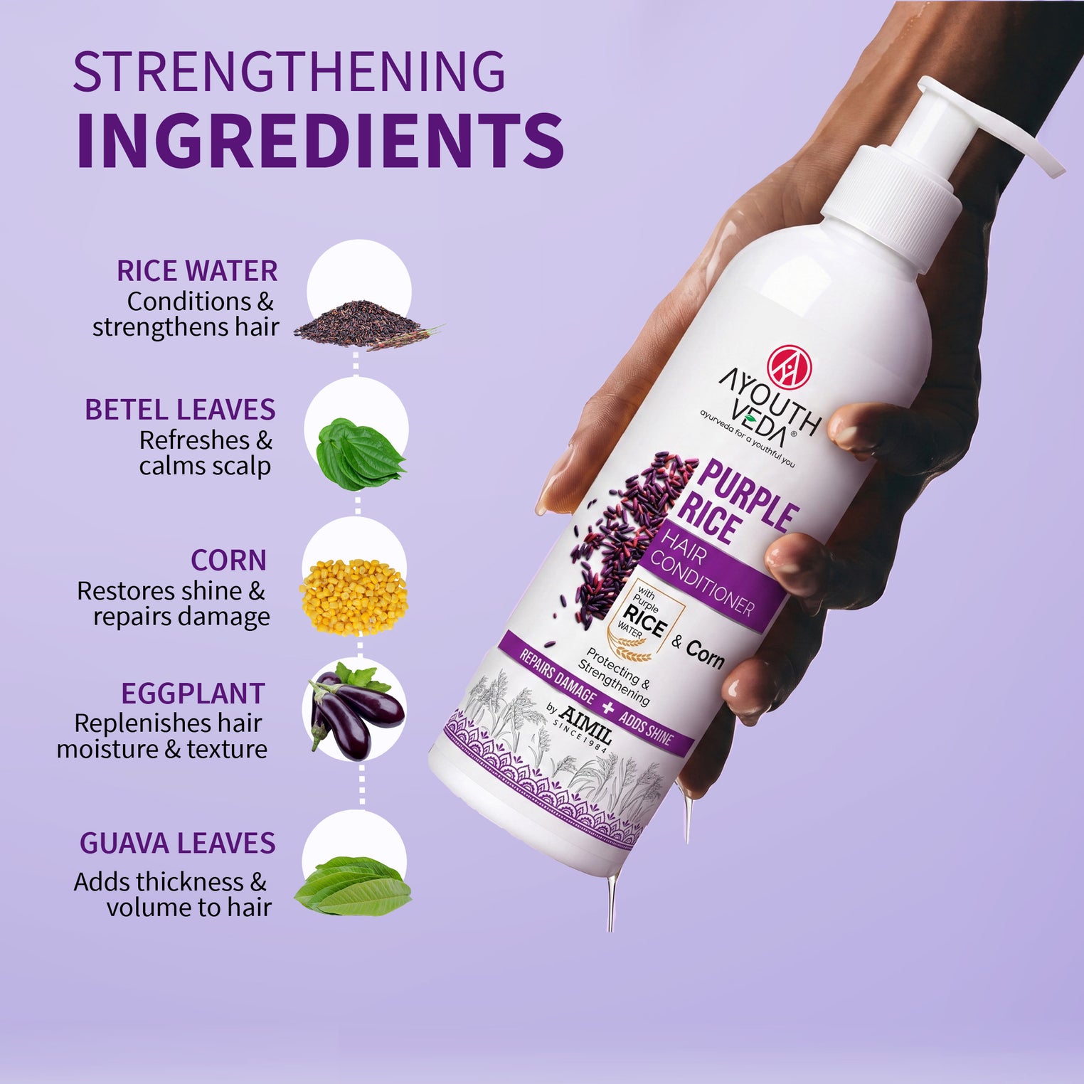 Ayouthveda Purple Rice Hair Conditioner with Rice Water & Kernel Protein | Repairs Damage, Controls Frizz & Enhances Volume | Enriched with Eggplant, Betel & Guava Leaves | For All Hair Types | 200ml