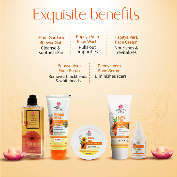 Glow & Care Gift Set: Flora Gardenia Shower Gel (250 ml), Papaya Vera Face Wash (100 g), Papaya Vera Face Scrub (100 g), Papaya Vera Face Serum (30 ml), Papaya Vera Face Cream (50 g)
