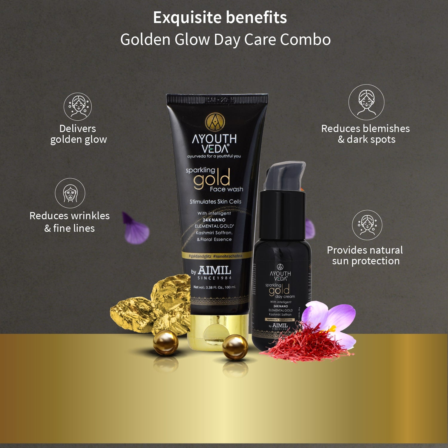 Golden Glow Day Care Combo | Gold face wash 100ml , Day Cream 30g - Ayouthveda