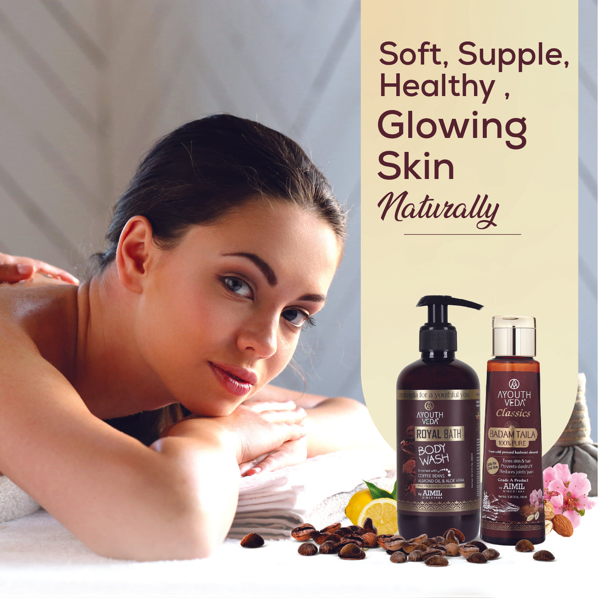Vitamin-E Nourishing Combo: Badam Taila (100 ml), Royal Bath Body Wash (300 ml) - Ayouthveda