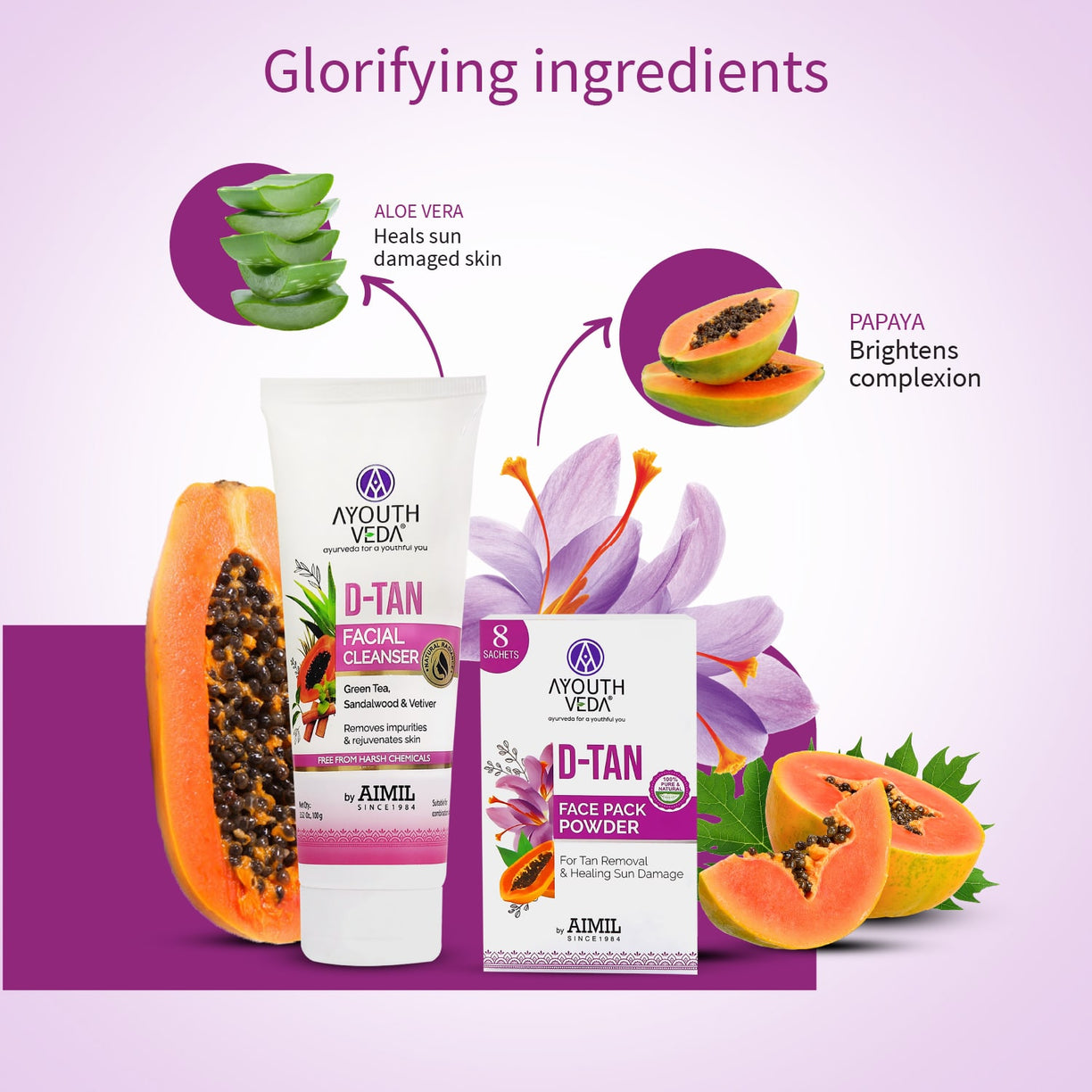 Radiant Skin Combo: D-Tan Facial Cleanser (100 g) D-Tan Face Pack Powder (10g×8) - Ayouthveda