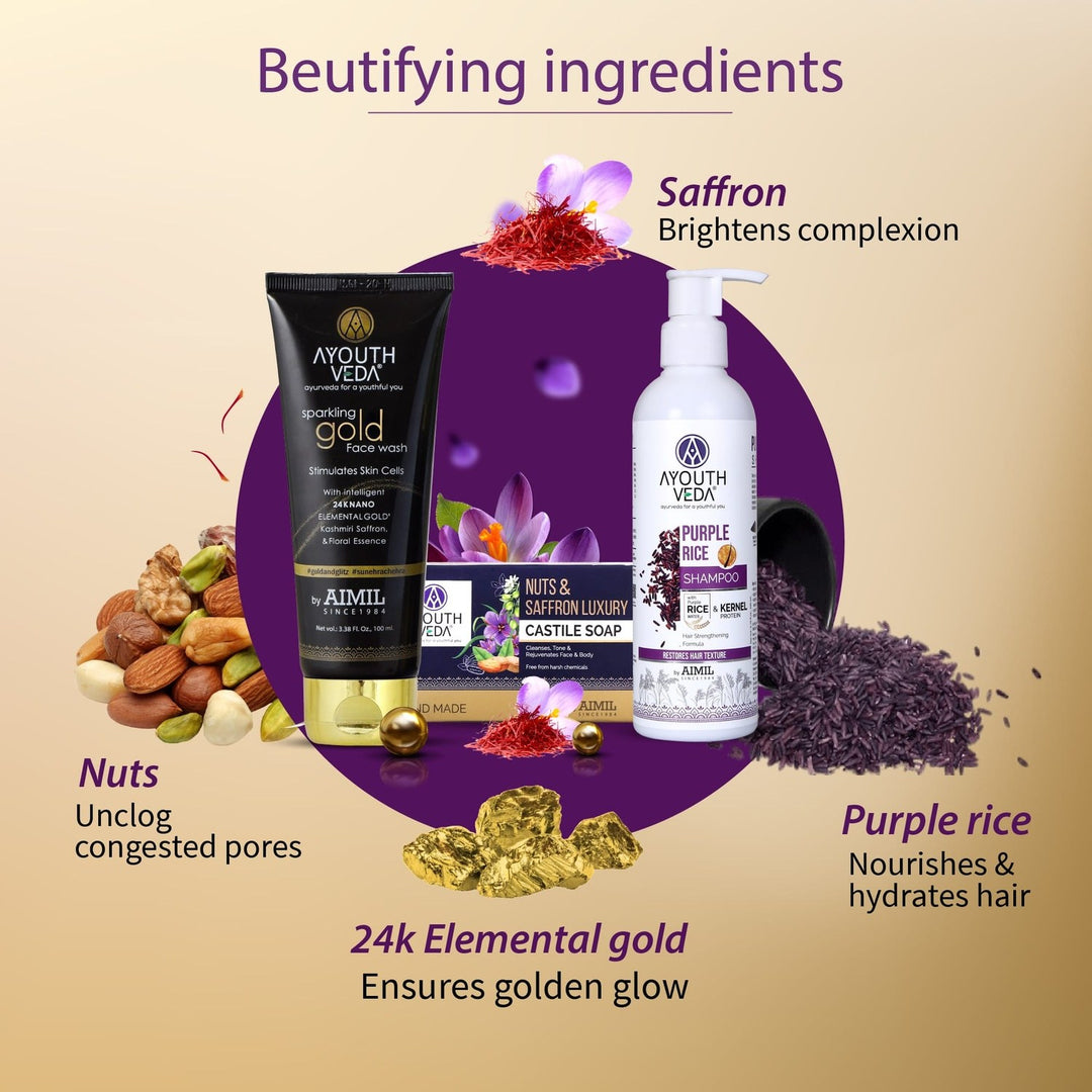Glowing Skin & Hair Combo: Sparkling Gold Face Wash (100 ml), Nuts & Saffron Luxury Handmade Castile Soap (100 g), Purple Rice Shampoo (200 ml) - Ayouthveda