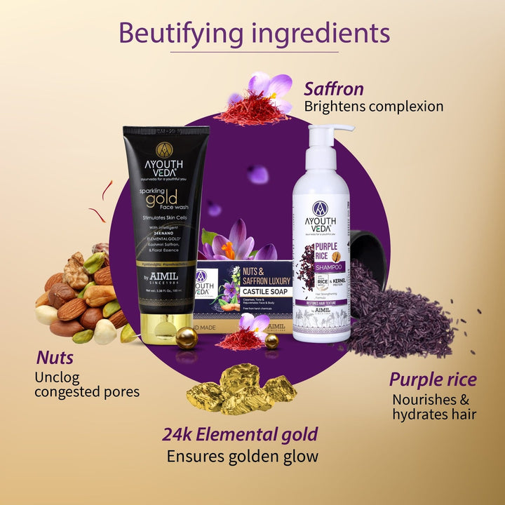 Glowing Skin & Hair Combo: Sparkling Gold Face Wash (100 ml), Nuts & Saffron Luxury Handmade Castile Soap (100 g), Purple Rice Shampoo (200 ml) - Ayouthveda