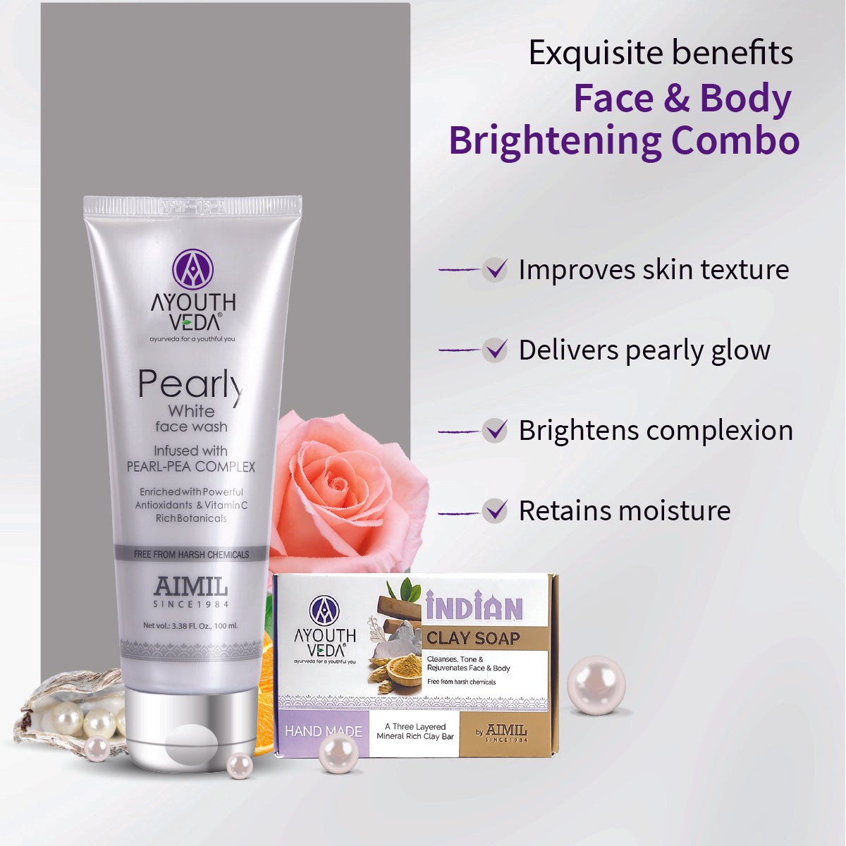 Face & Body Brightening Combo: Pearly White Face Wash (100 ml), Indian Clay Soap (100 gm) - Ayouthveda