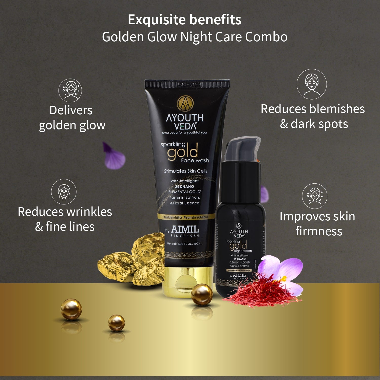 Golden Glow Night Care Combo | Gold face wash 100ml , Night Cream 30g - Ayouthveda