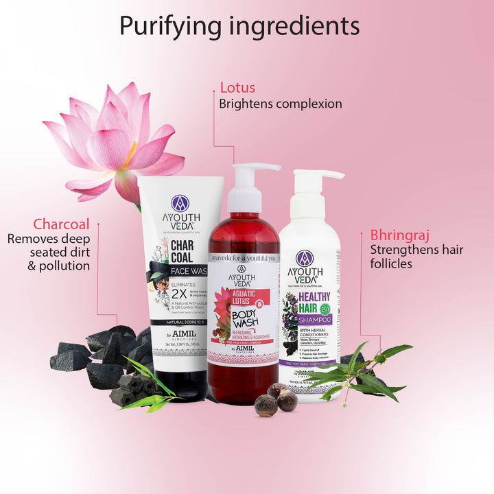 Bestseller Face, Body, Hair Combo: Charcoal Face Wash (100 ml), Aquatic Lotus Body Wash (300 ml), Healthy Hair Shampoo (200 ml) - Ayouthveda