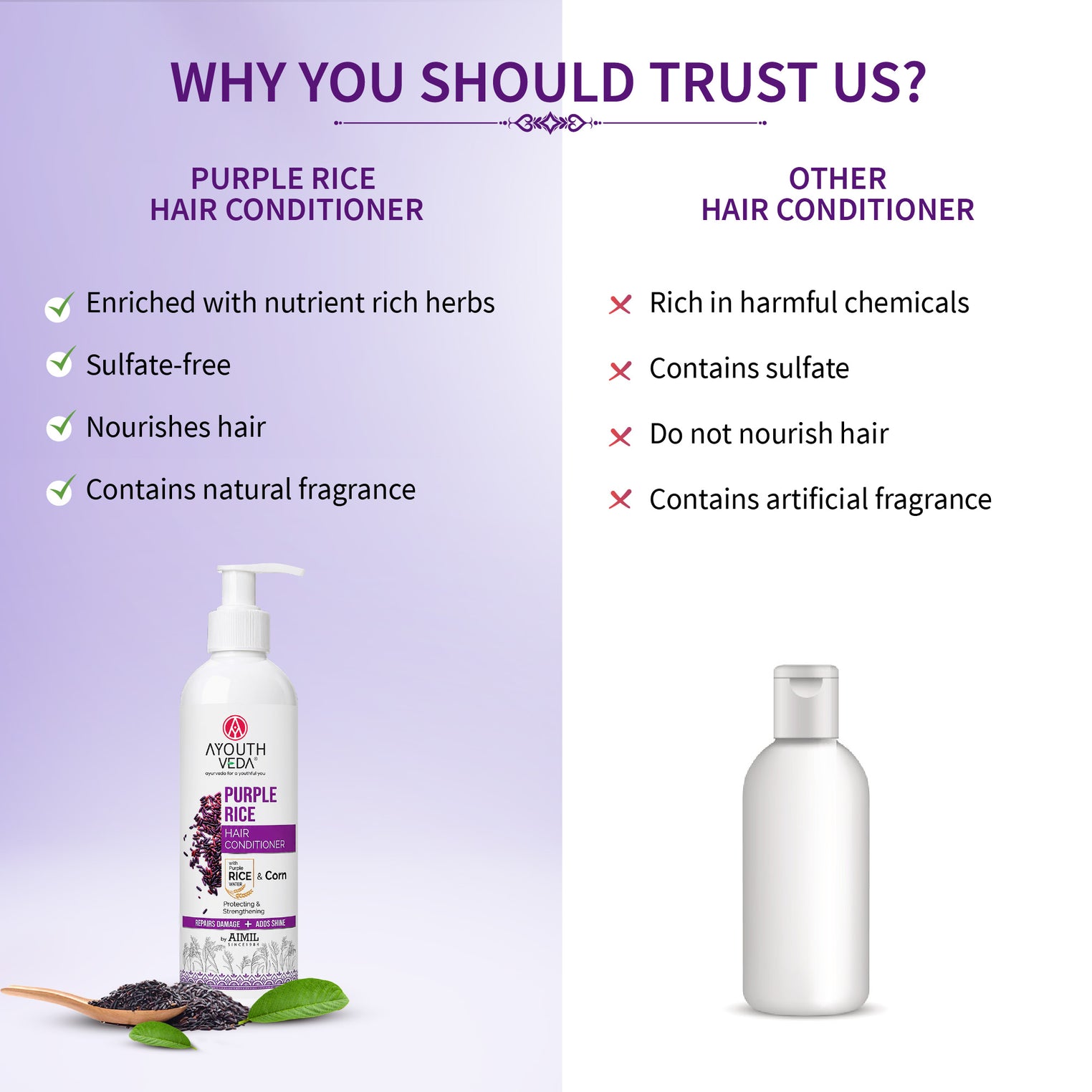 Ayouthveda Purple Rice Hair Conditioner with Rice Water & Kernel Protein | Repairs Damage, Controls Frizz & Enhances Volume | Enriched with Eggplant, Betel & Guava Leaves | For All Hair Types | 200ml