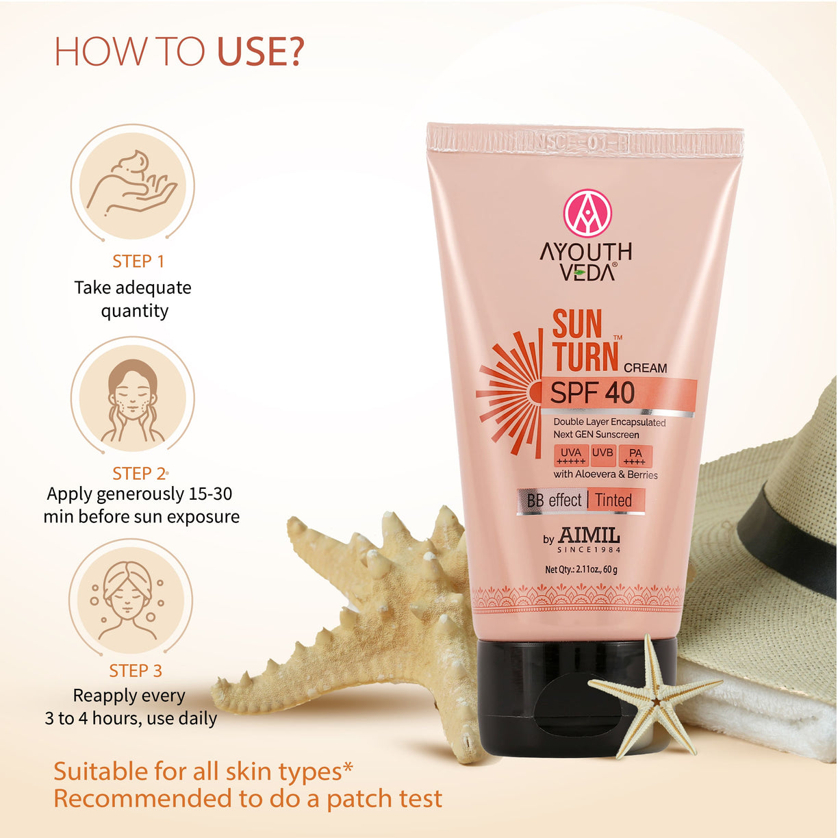 Sun Turn Cream SPF 40 - Double Layer Encapsulated Sunscreen - Tinted with BB Effect - PA++++ - UVA(+++++)/UVB Protection - Blue Light Defense - Enriched with Zinc Oxide, Aloe Vera & Berries - Net.Qty:- 60g