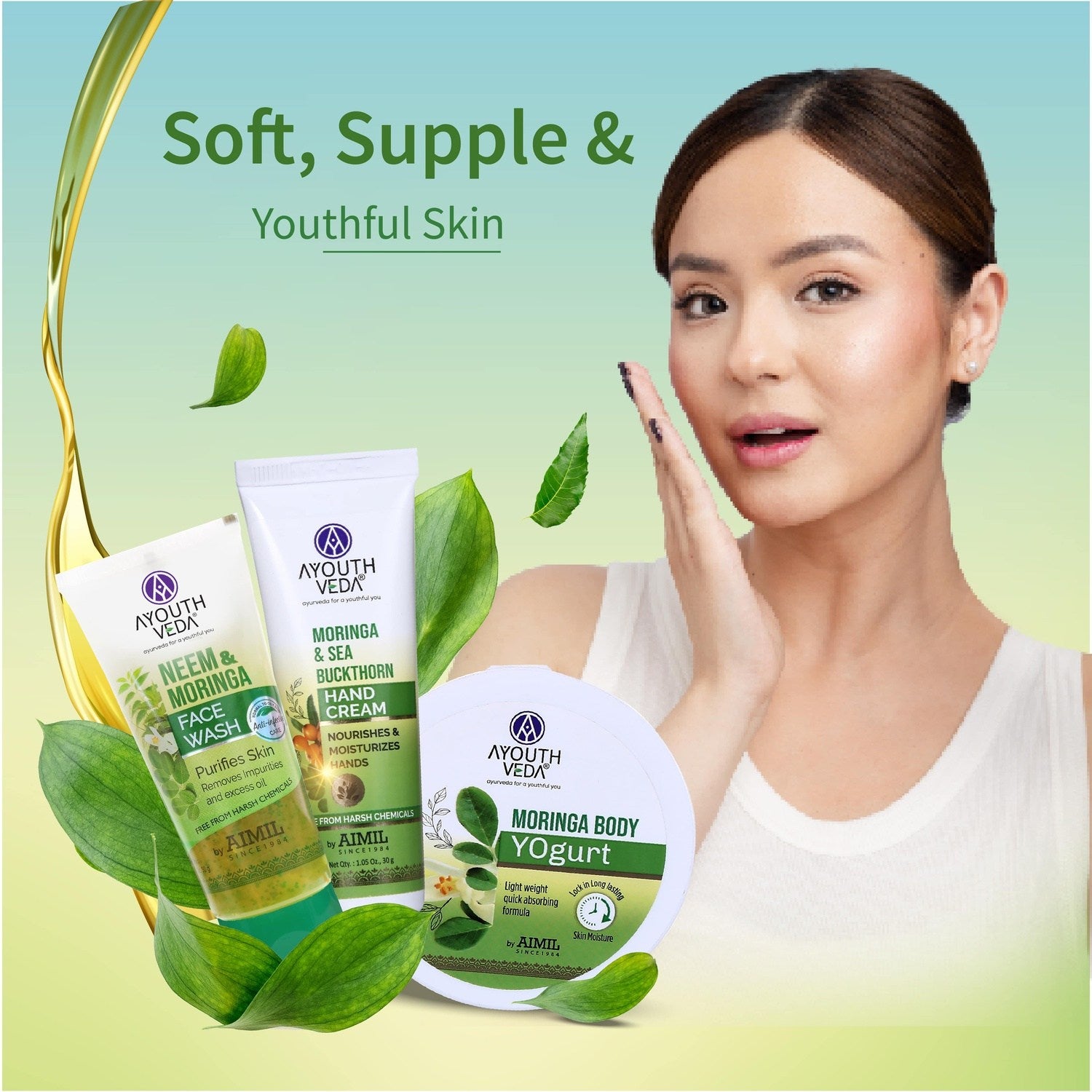 Rejuvenating Moringa Combo: Neem & Moringa Face Wash (50g), Moringa Body Yogurt (200 g), Moringa & Sea Buckthorn Hand Cream (30g) - Ayouthveda