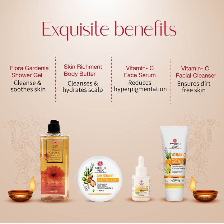 Skin Revival Kit: Skin Richment Body Butter (200 g), Vitamin-C Face Serum (30 ml), Vitamin-C Facial Cleanser (100 g), Flora Gardenia Shower Gel (250 ml)
