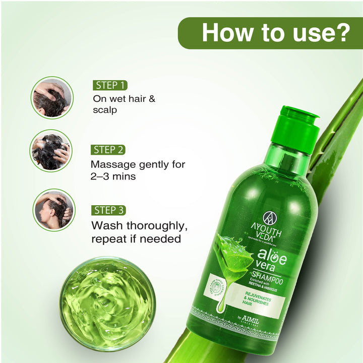Ayouthveda Aloe Vera Shampoo for Hair Fall Control, Dandruff & Itchy Scalp | Sulphate & Paraben Free | Enriched with Aloe Vera, Reetha & Hibiscus  – 250ml
