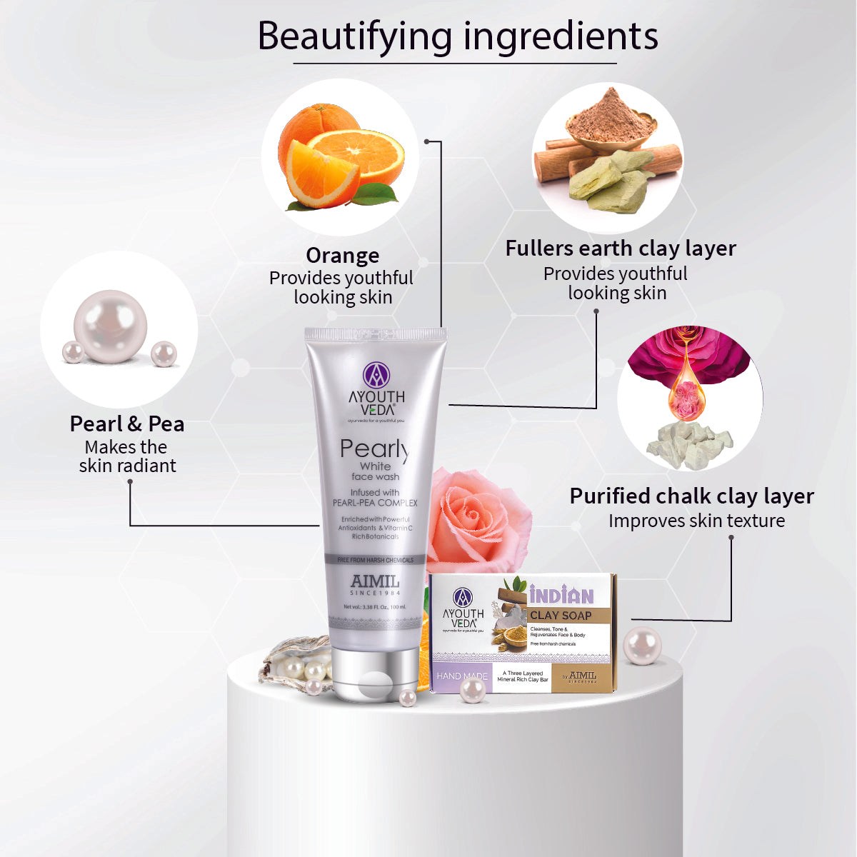 Face & Body Brightening Combo: Pearly White Face Wash (100 ml), Indian Clay Soap (100 gm) - Ayouthveda