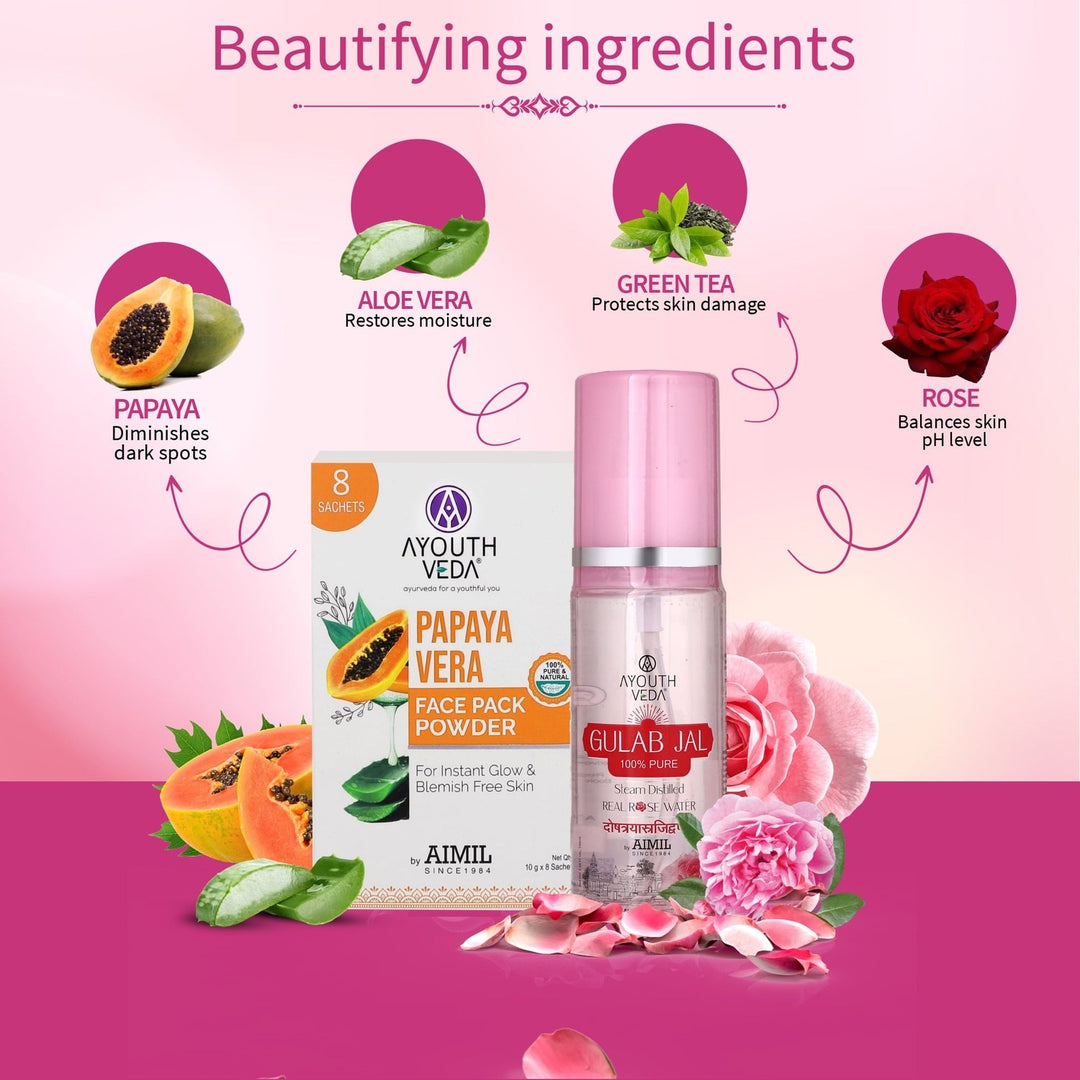 Flawless Skin Combo: Papaya Vera Face Pack Powder (10g × 8), Gulab Jal (100 ml) - Ayouthveda