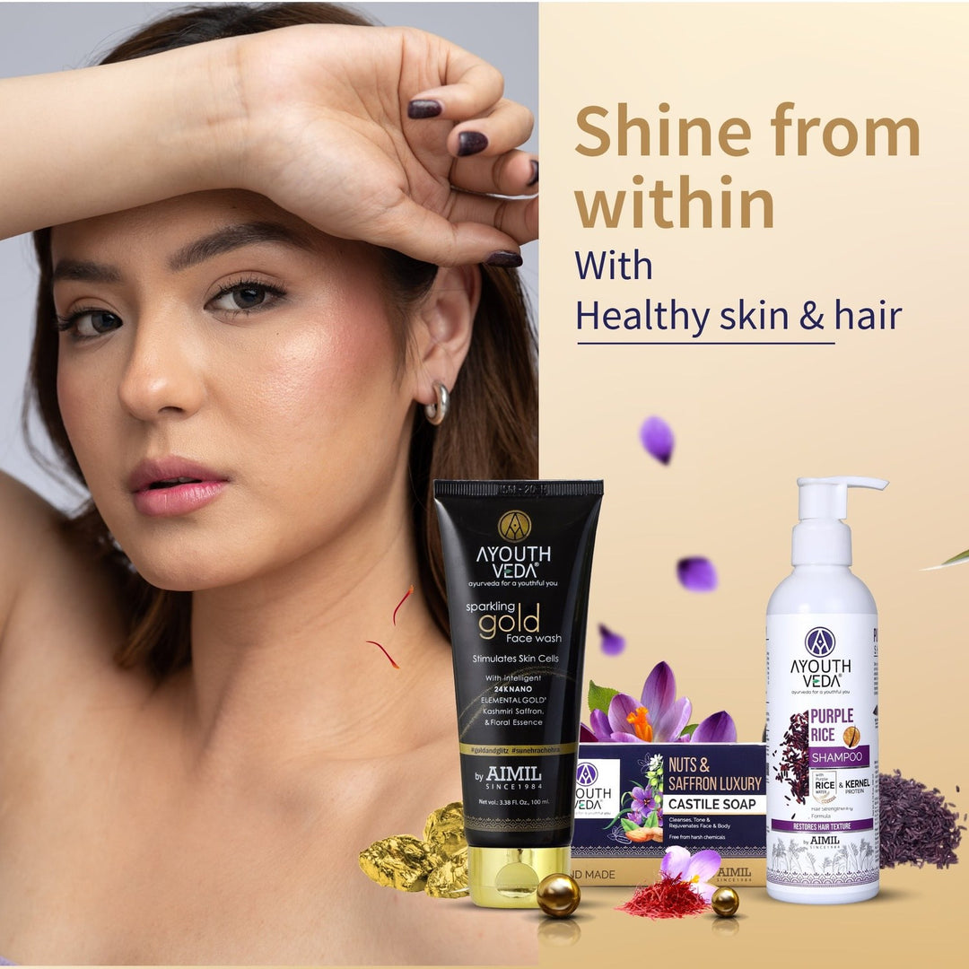 Glowing Skin & Hair Combo: Sparkling Gold Face Wash (100 ml), Nuts & Saffron Luxury Handmade Castile Soap (100 g), Purple Rice Shampoo (200 ml) - Ayouthveda