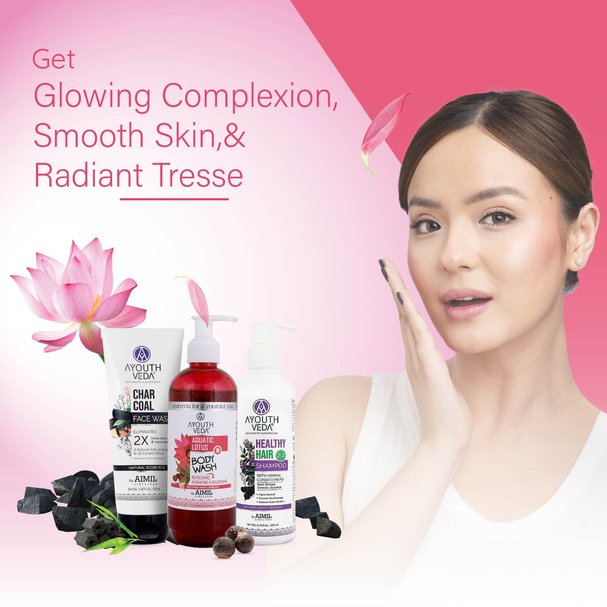 Bestseller Face, Body, Hair Combo: Charcoal Face Wash (100 ml), Aquatic Lotus Body Wash (300 ml), Healthy Hair Shampoo (200 ml) - Ayouthveda