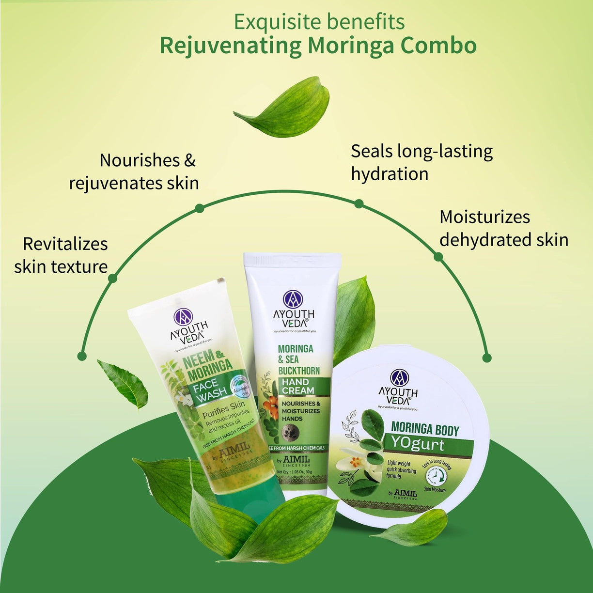 Rejuvenating Moringa Combo: Neem & Moringa Face Wash (50g), Moringa Body Yogurt (200 g), Moringa & Sea Buckthorn Hand Cream (30g) - Ayouthveda