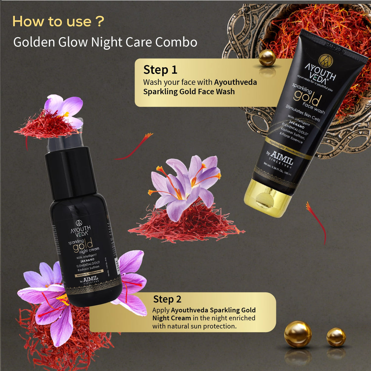 Golden Glow Night Care Combo | Gold face wash 100ml , Night Cream 30g - Ayouthveda
