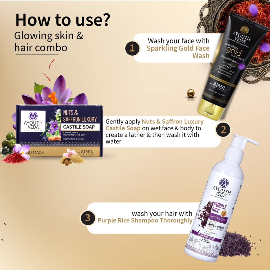 Glowing Skin & Hair Combo: Sparkling Gold Face Wash (100 ml), Nuts & Saffron Luxury Handmade Castile Soap (100 g), Purple Rice Shampoo (200 ml) - Ayouthveda