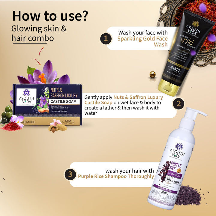 Glowing Skin & Hair Combo: Sparkling Gold Face Wash (100 ml), Nuts & Saffron Luxury Handmade Castile Soap (100 g), Purple Rice Shampoo (200 ml) - Ayouthveda