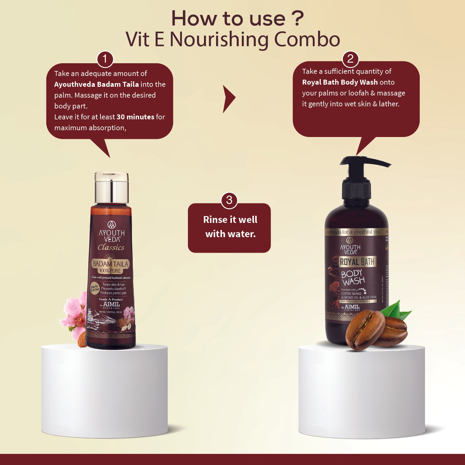 Vitamin-E Nourishing Combo: Badam Taila (100 ml), Royal Bath Body Wash (300 ml) - Ayouthveda