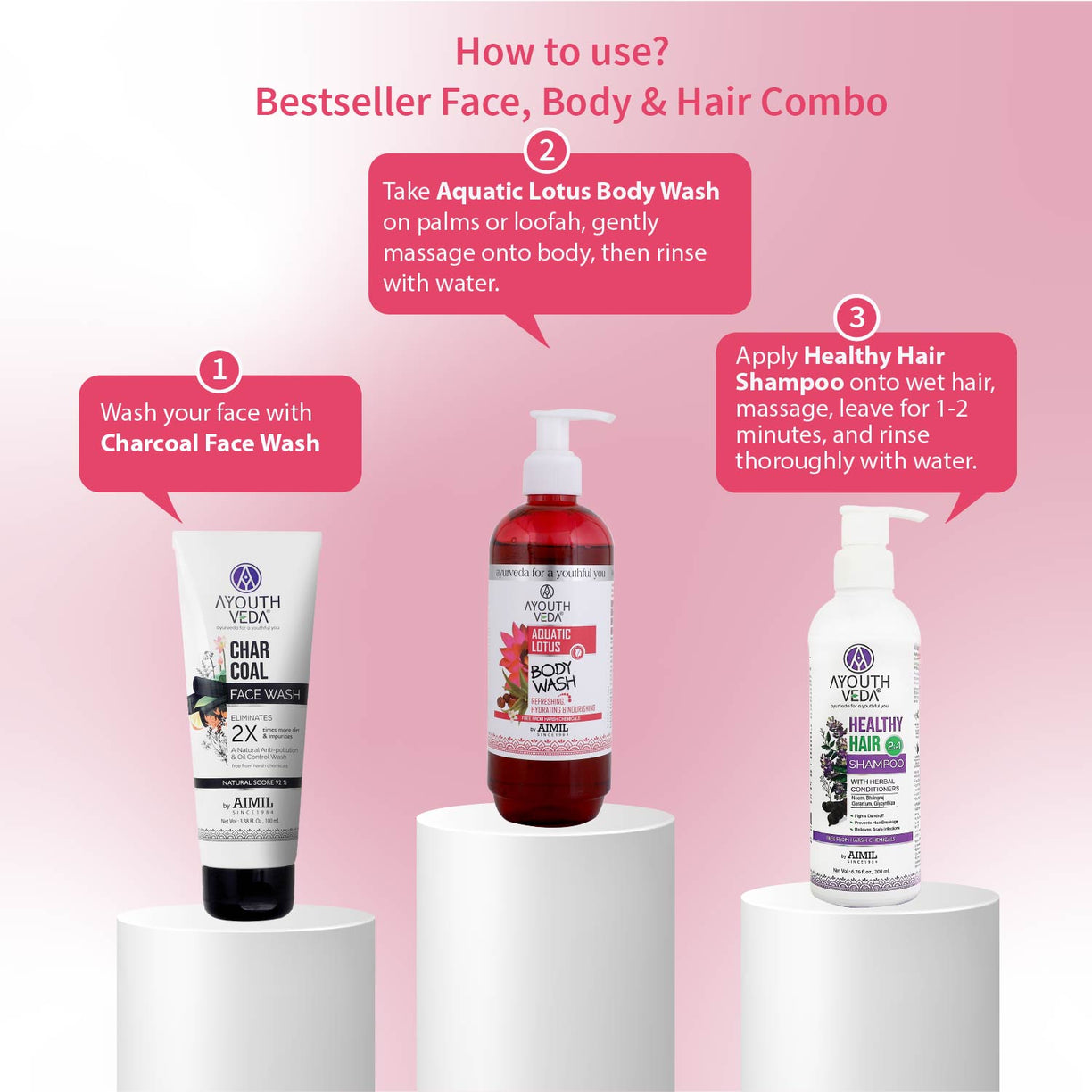 Bestseller Face, Body, Hair Combo: Charcoal Face Wash (100 ml), Aquatic Lotus Body Wash (300 ml), Healthy Hair Shampoo (200 ml) - Ayouthveda