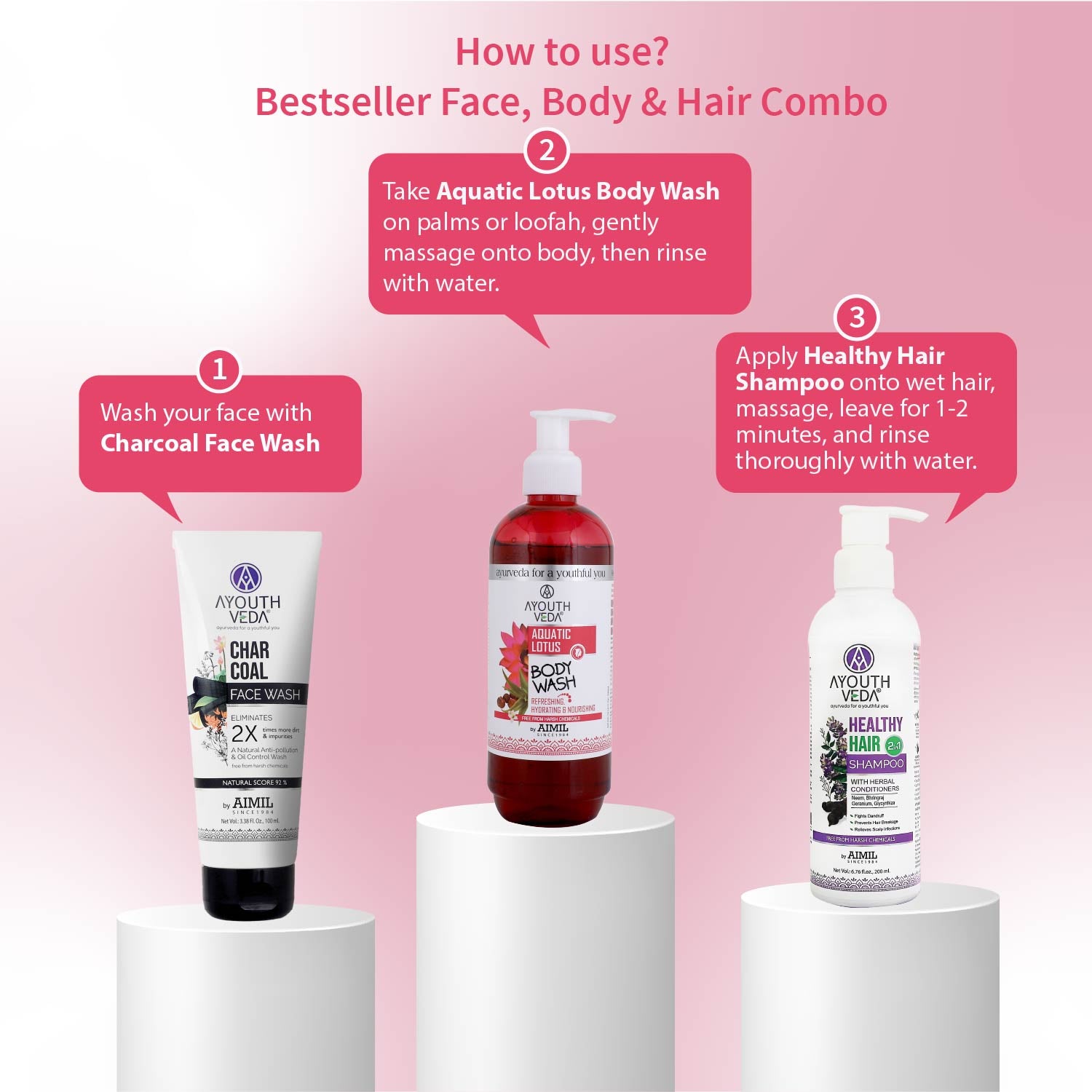 Bestseller Face, Body, Hair Combo: Charcoal Face Wash (100 ml), Aquatic Lotus Body Wash (300 ml), Healthy Hair Shampoo (200 ml) - Ayouthveda