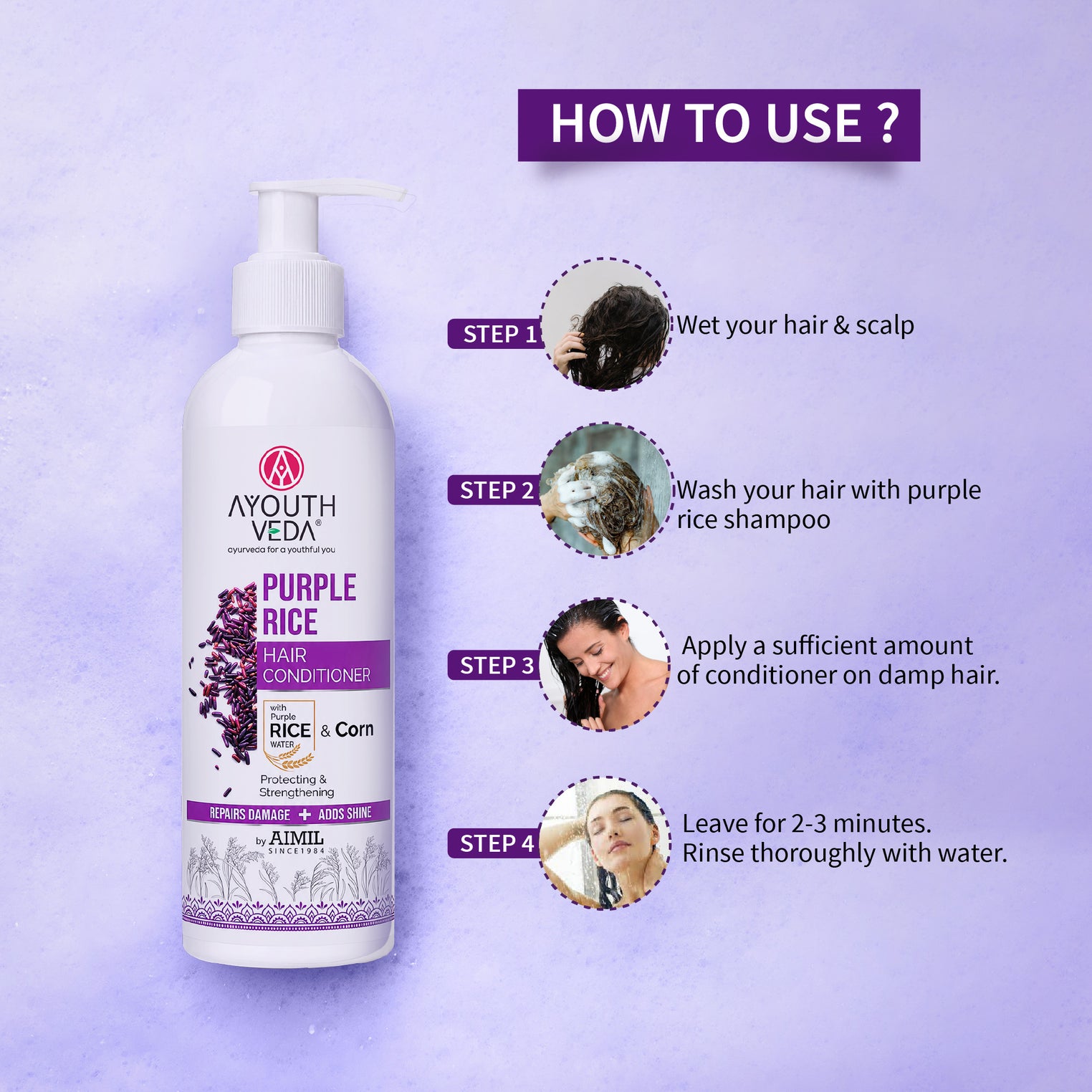 Ayouthveda Purple Rice Hair Conditioner with Rice Water & Kernel Protein | Repairs Damage, Controls Frizz & Enhances Volume | Enriched with Eggplant, Betel & Guava Leaves | For All Hair Types | 200ml