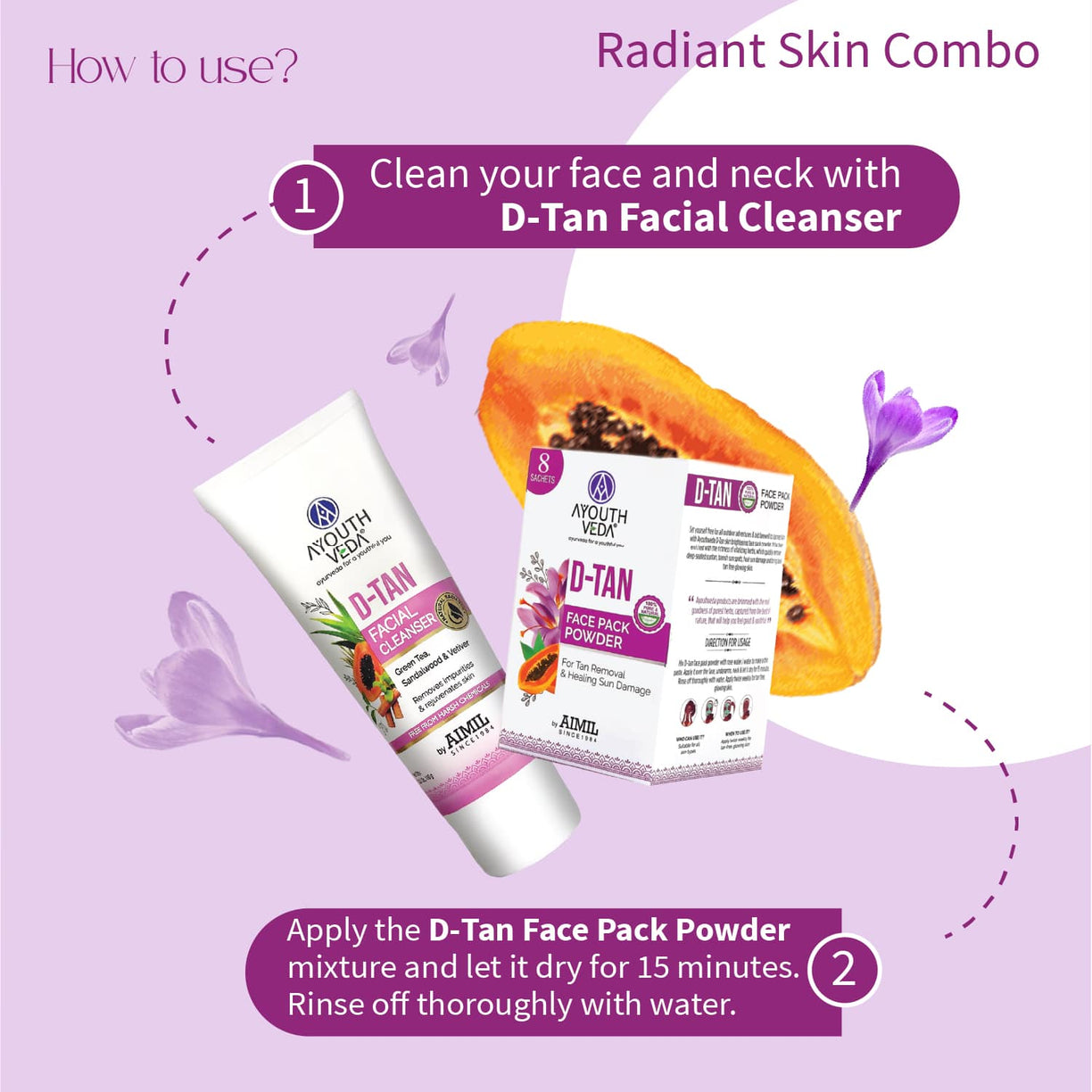 Radiant Skin Combo: D-Tan Facial Cleanser (100 g) D-Tan Face Pack Powder (10g×8) - Ayouthveda