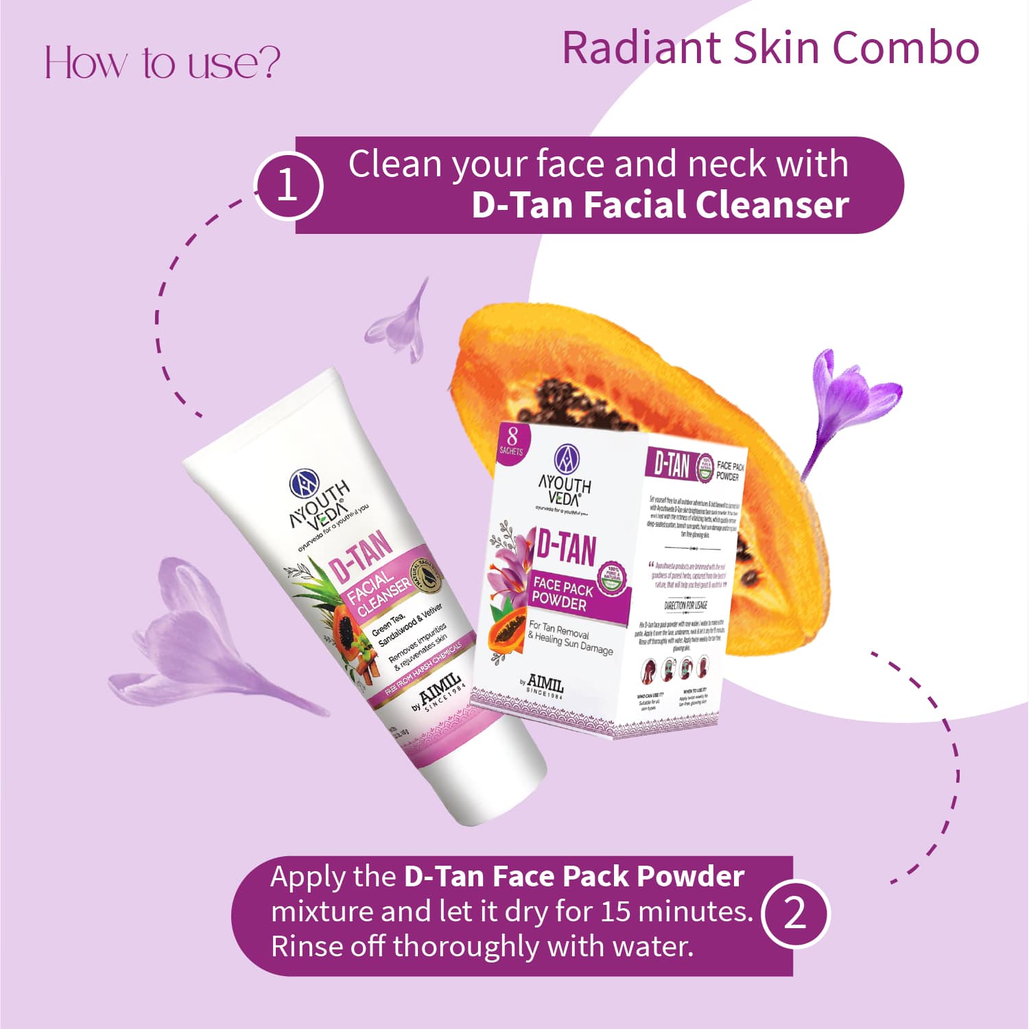Radiant Skin Combo: D-Tan Facial Cleanser (100 g) D-Tan Face Pack Powder (10g×8) - Ayouthveda