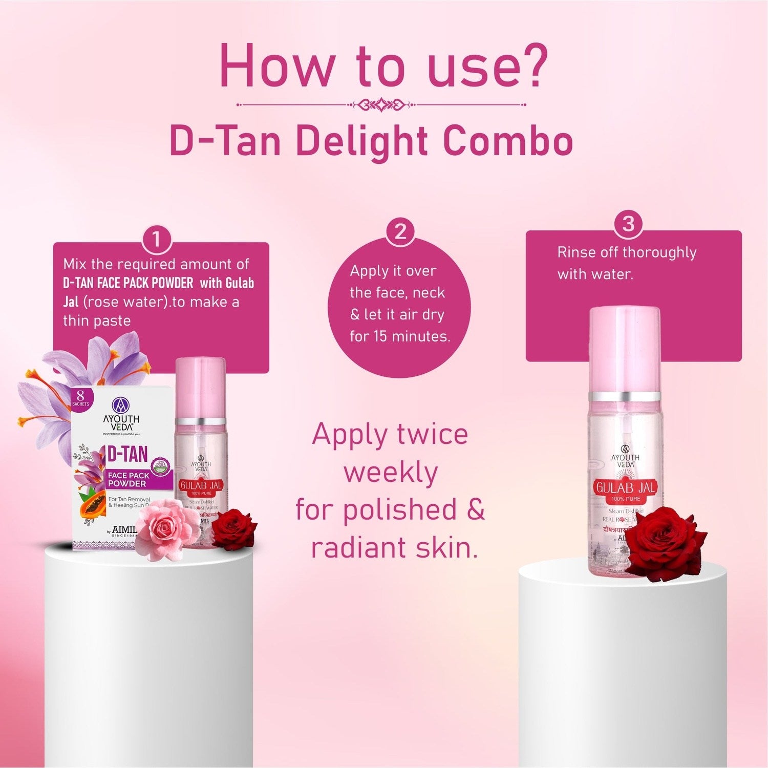 D-Tan Delight Combo: D-Tan Face Pack Powder (10g × 8), Gulab Jal (100 ml) - Ayouthveda