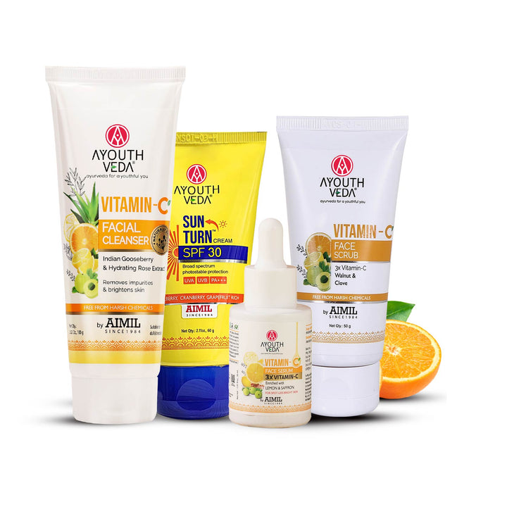 Vitamin C Glow Combo: Vitamin C Facial Cleanser (100 ml) | Vitamin C Face Serum (30 ml) | Sun Turn Cream SPF 30 (60 g) | Vitamin C Face Scrub (50 ml)