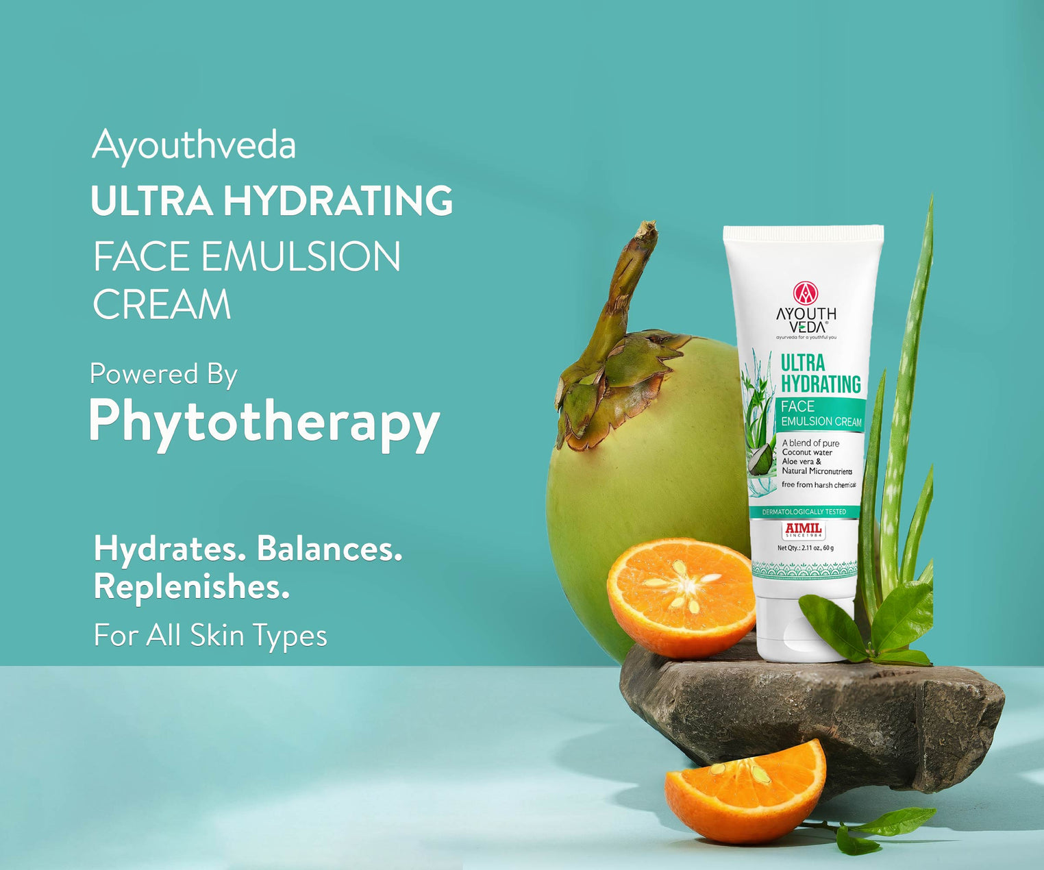 Ayouthveda Ultra Hydrating Face Emulsion Cream | Nature’s Goodness for 24 hours Hydration | Moisturizes, Tones, and Brightens Skin | With Coconut Water, Aloe Vera, and Green Tea | Net. qty - 60g