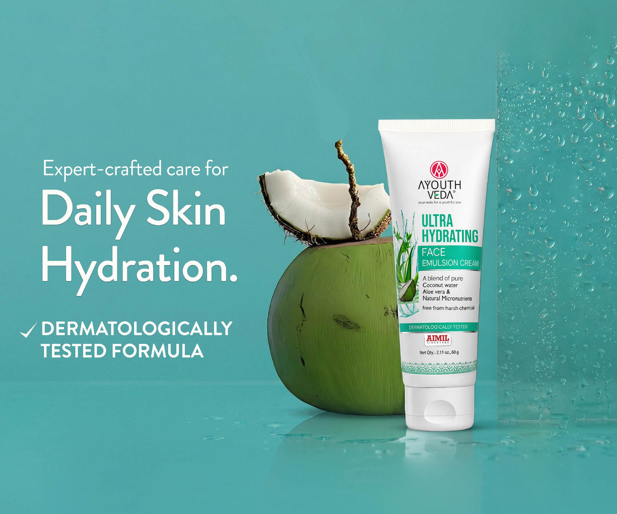 Ayouthveda Ultra Hydrating Face Emulsion Cream | Nature’s Goodness for 24 hours Hydration | Moisturizes, Tones, and Brightens Skin | With Coconut Water, Aloe Vera, and Green Tea | Net. qty - 60g