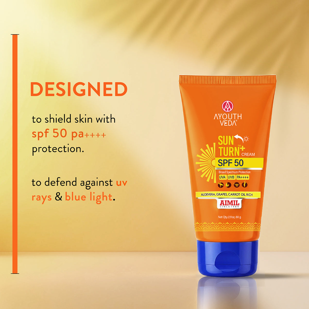 Ayouthveda Sun Turn+ Cream SPF 50 with Hyaluronic Acid for Broad Spectrum UV Protection Net qty.- 60 g