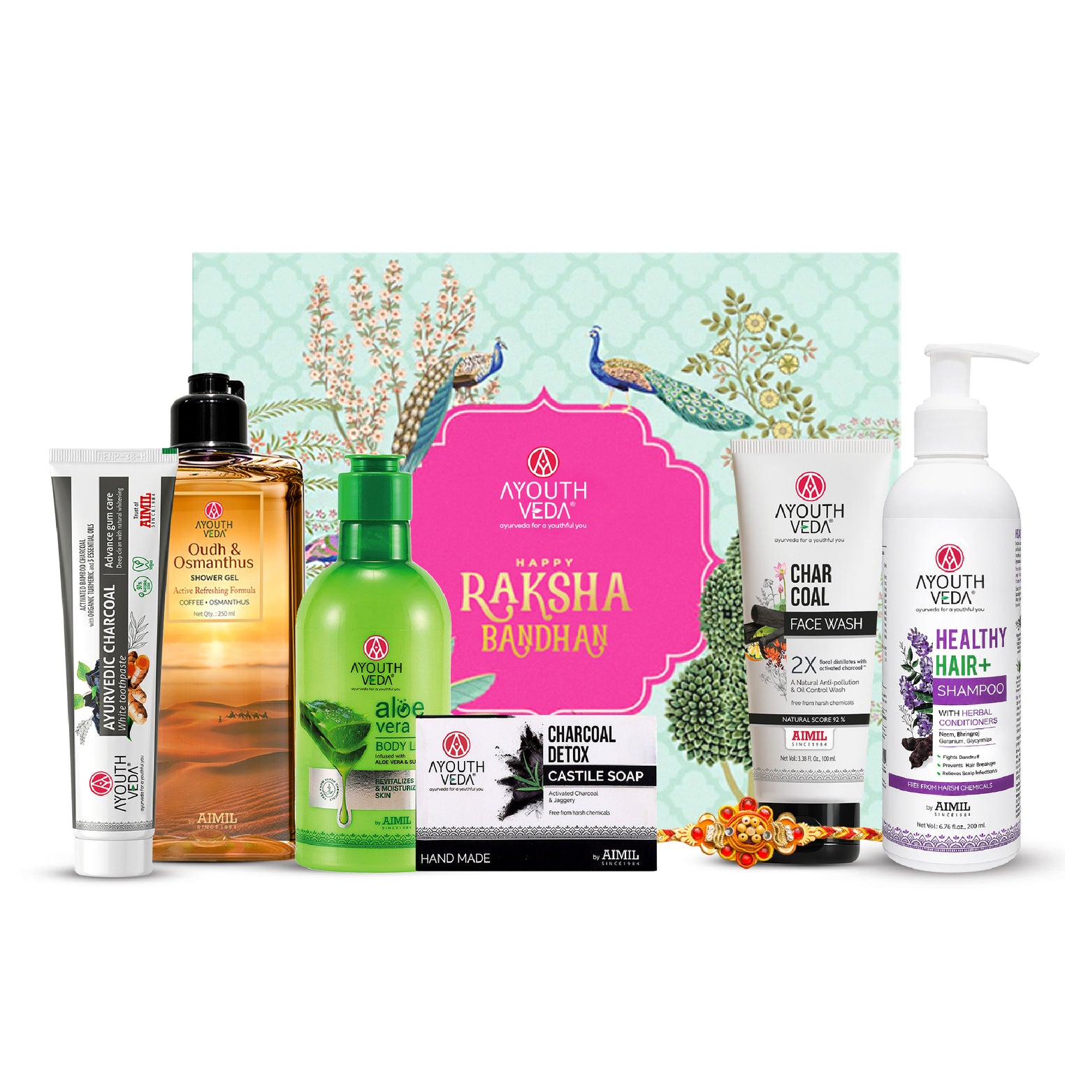 Ayouthveda Rakhi Freshness Ritual for Him | Charcoal Face Wash 100ml, Healthy Hair Shampoo 200ml, Oudh Shower Gel 250ml, Aloe Vera Body Lotion 250ml, Charcoal Detox Soap 110g & Charcoal White Toothpaste 100g with Free Rakhi