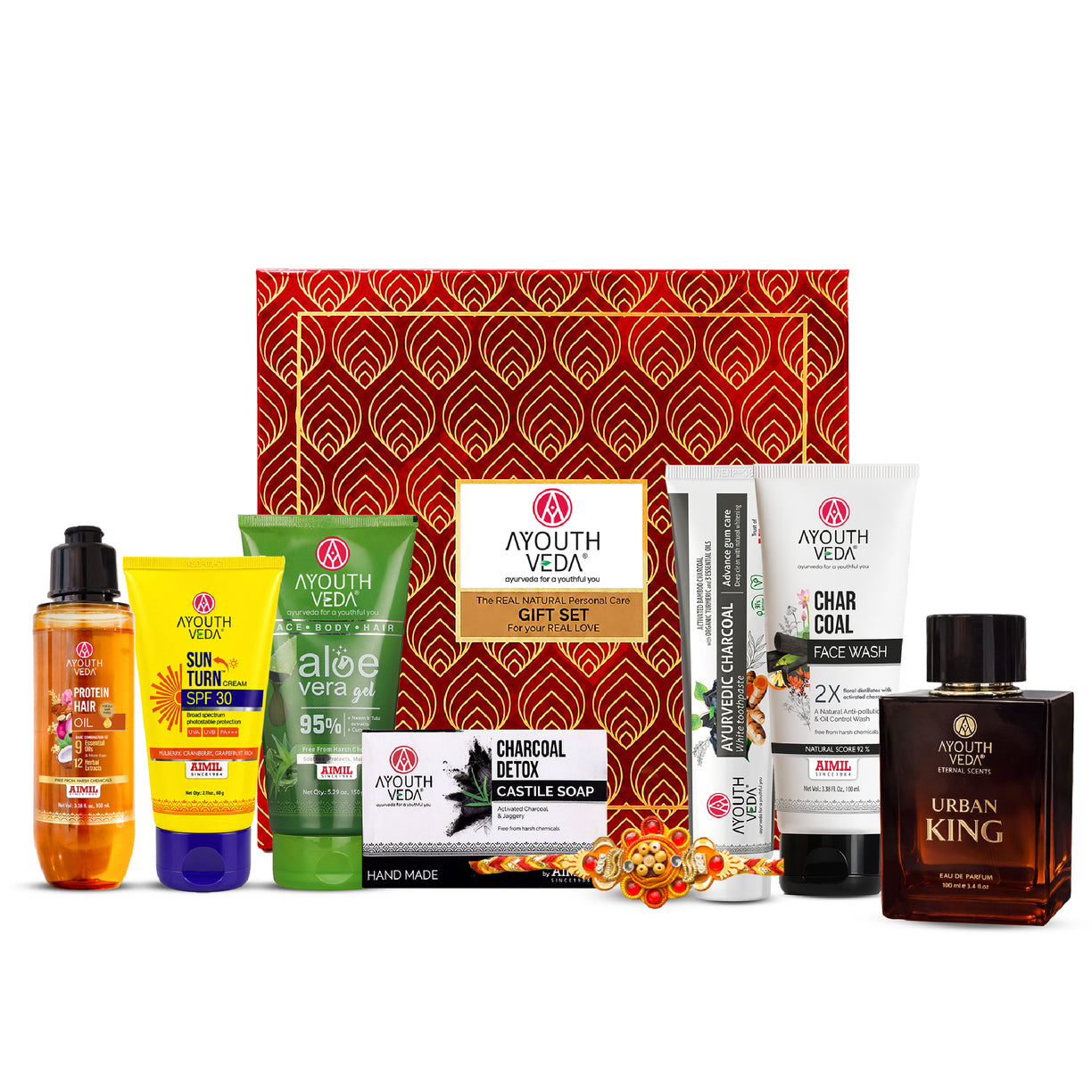 Ayouthveda Rakhi Luxe Grooming Kit for Him | Charcoal Face Wash 100ml, Protein Hair Oil 100ml, Charcoal Detox Soap 110g, Aloe Vera Gel 150g, Sun Turn SPF 30 60g, Charcoal Toothpaste 100g & Urban King Perfume 100ml with Free Rakhi