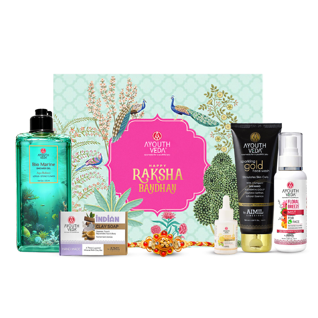 Ayouthveda Rakhi Hydration Ritual for Her | Gold Face Wash 100g, Vitamin-C Face Serum 30ml, Bio Marine Shower Gel 250ml, Floral Breeze Mist 100ml & Indian Clay Soap 100g with Free Rakhi