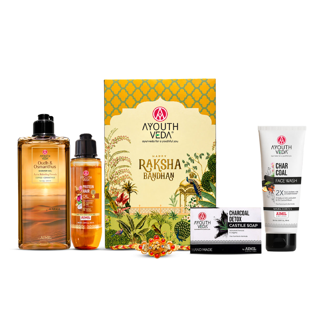 Ayouthveda Rakhi Care Kit for Him | Charcoal Face Wash 100ml, Protein Hair Oil 100ml, Oudh Shower Gel 250ml & Charcoal Detox Soap 110g with Free Rakhi