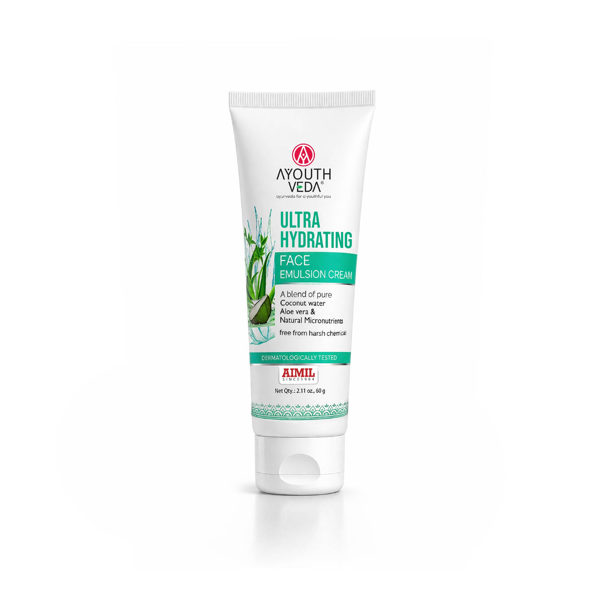 Ayouthveda Ultra Hydrating Face Emulsion Cream | Nature’s Goodness for 24 hours Hydration | Moisturizes, Tones, and Brightens Skin | With Coconut Water, Aloe Vera, and Green Tea | Net. qty - 60g