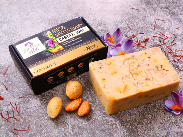 Ayouthveda handcrafted soap blends saffron, nuts, and oils for a nourishing, luxurious and radiant skin.