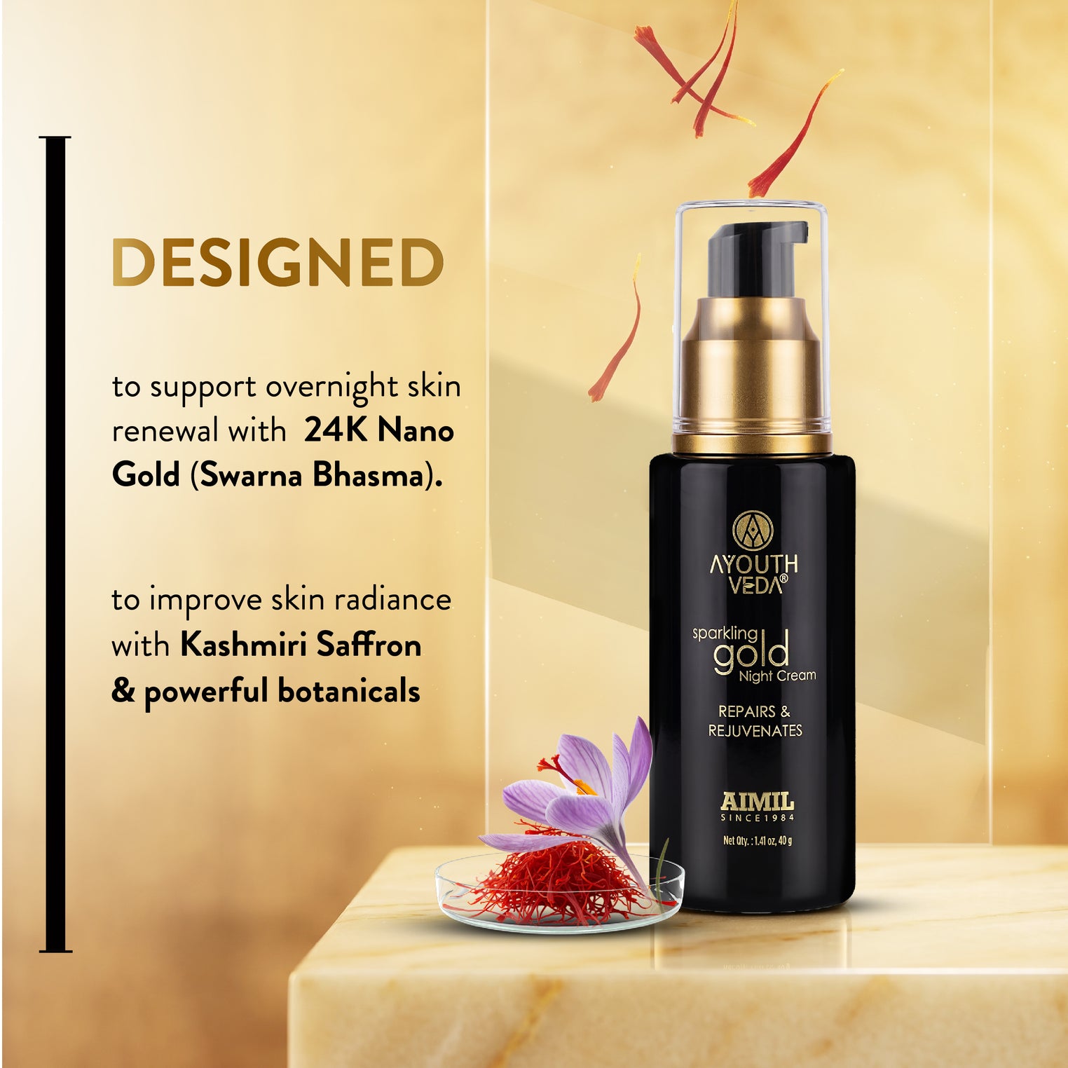 Ayouthveda Sparkling Gold Night Cream | 24K Nano Gold & Kashmiri Saffron | Reduces Fine Lines, Wrinkles & Dark Spots | Restores Skin Firmness & Elasticity | Overnight Anti-Ageing Face Cream | 40g