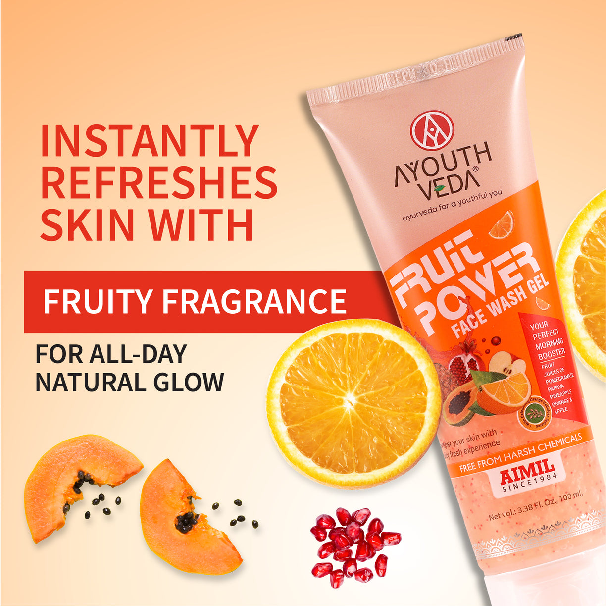 Ayouthveda Fruit Power Face Wash Gel | With 5 Fruit Juices, Aloe Vera & Coconut Water | Refreshing Cleanser That Removes Dirt, Improves Skin Texture & Natural Glow | For All Skin Types | Net Qty - 100ml