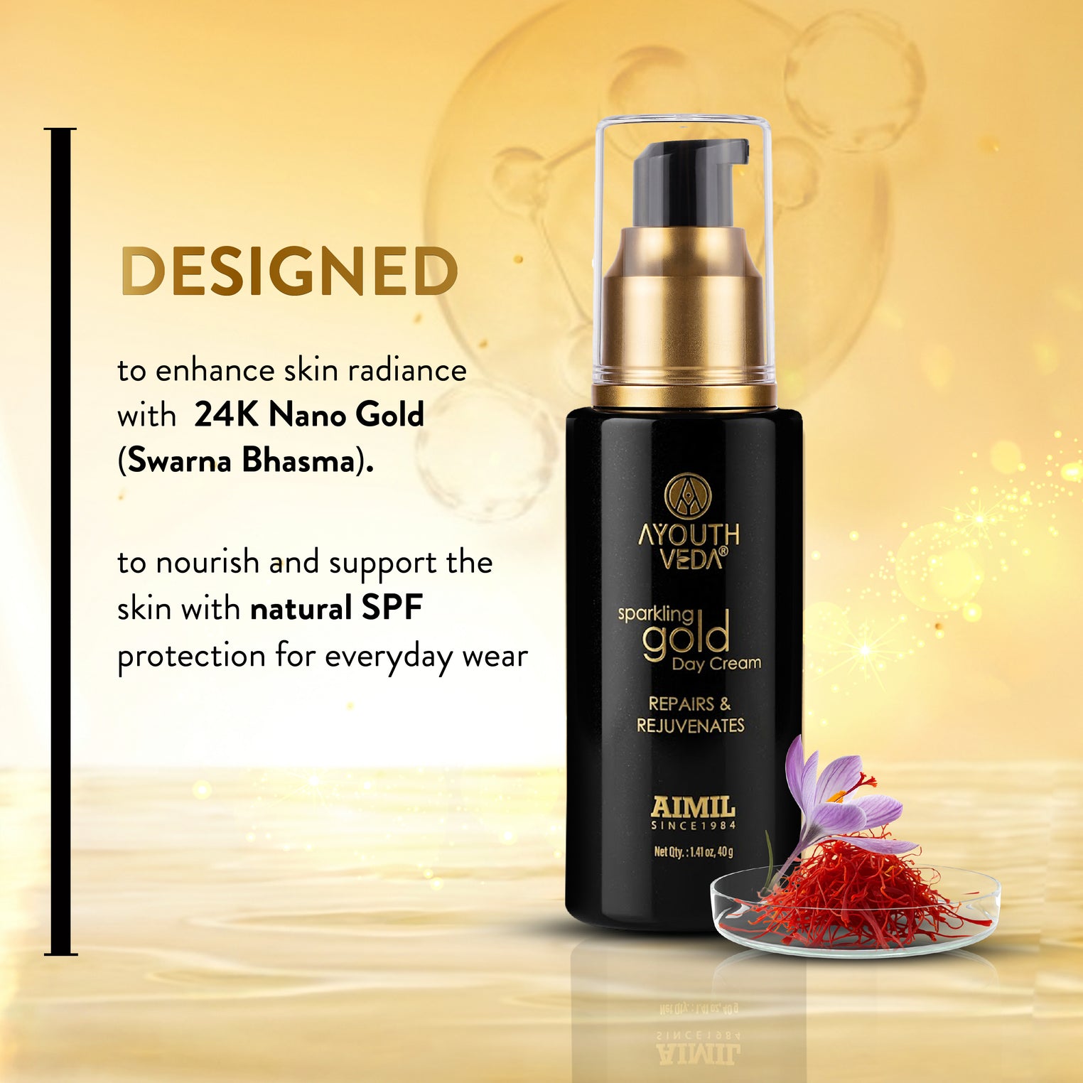 Ayouthveda Sparkling Gold Day Cream | 24K Nano Gold & Kashmiri Saffron | Anti-Ageing, Brightening & Blemish Reduction | Restores Skin Elasticity | Natural SPF Protection | For Dry to Normal Skin | 40g