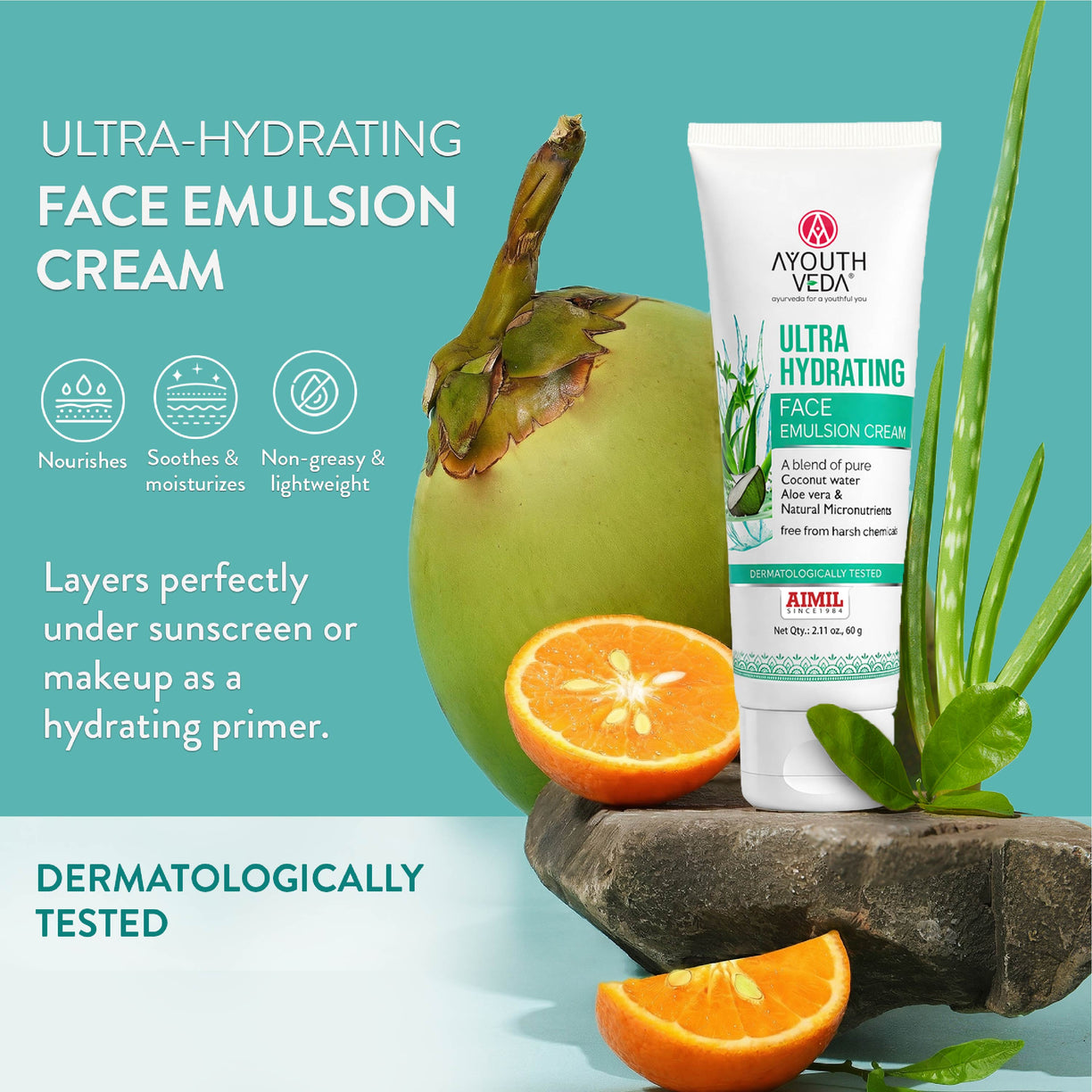 Ayouthveda Ultra Hydrating Face Emulsion Cream | Nature’s Goodness for 24 hours Hydration | Moisturizes, Tones, and Brightens Skin | With Coconut Water, Aloe Vera, and Green Tea | Net. qty - 60g