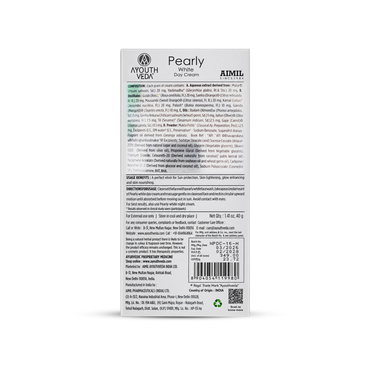 Ayouthveda Pearly White Day Cream 40g for Glowing & Radiant Skin